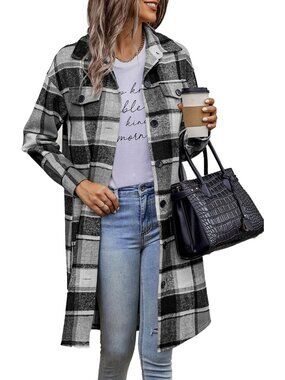 Women's Plaid Grey White Plaid Shacket Jacket Flannel Shirts Long Sleeves Jacket